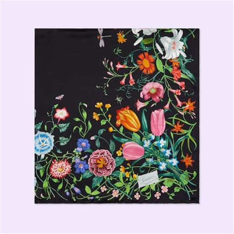 Flora Print Silk Shawl In Black And Multicolor Gucci Ae