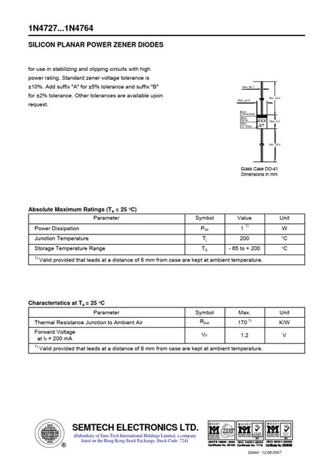 N Datasheet Silicon Planar Power Zener Diodes