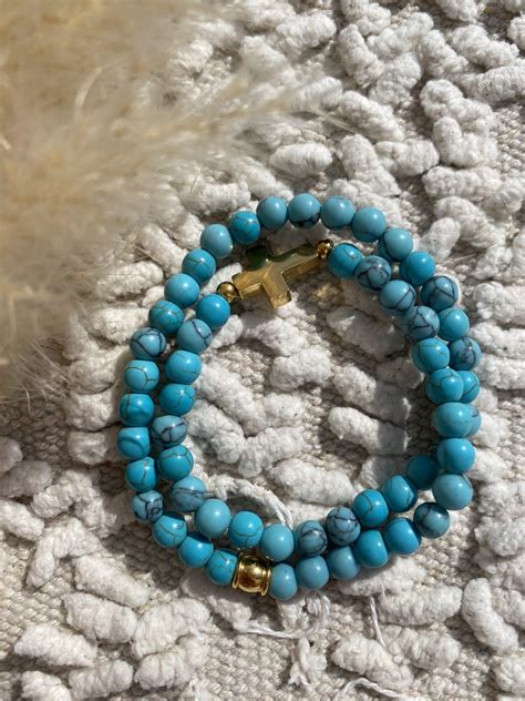 Bracelet Double Pierres naturelles Turquoise Croix doré