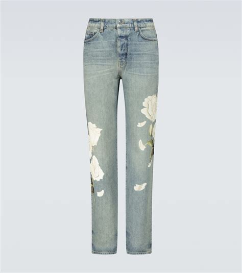 Amiri Floral Print Straight Leg Jeans In Og Indigo Modesens