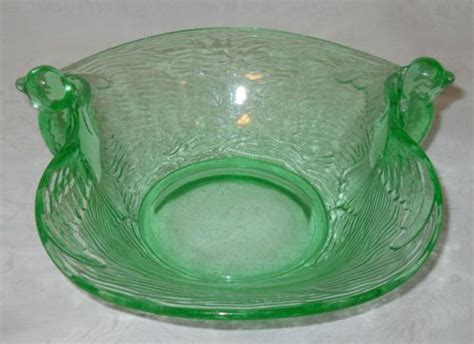 Fenton Green Vaseline Uranium Glass Bowl With Bird Handles Glass Bowl Vaseline Glass Bowl