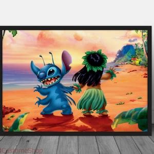 Lilo & Stitch on the Beach Movie Canvas Poster Wall Art Home Decor Framed Gift Idea for Him Her ...