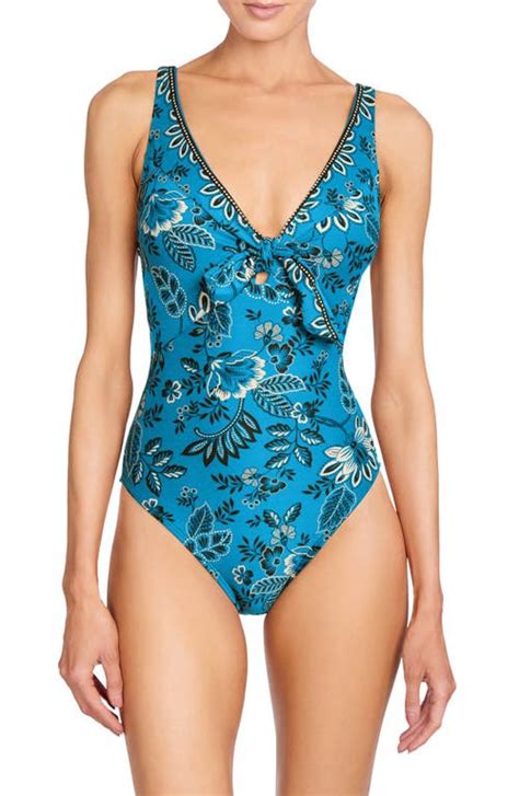 Buy Robin Piccone Apollonia Floral V Neck One Piece Swimsuit Azurra