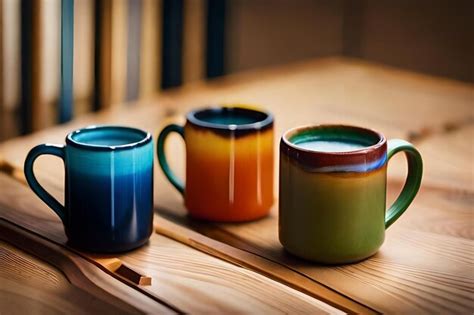 Tres tazas coloridas sobre una mesa una de las cuales tiene el número