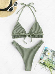 ZAFUL Ribbed Ruffle High Leg Bikini Swimwear In LIGHT GREEN ZAFUL 2024