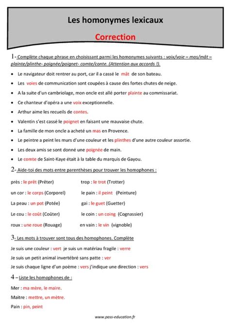 Homonymes Lexicaux Cm Exercices Corrig S Pass Education