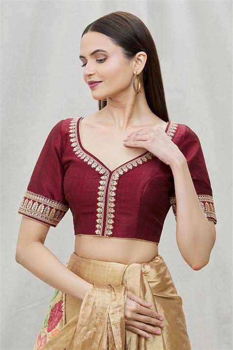 Buy Maroon Mulberry Silk Embroidered Sequin V Neck Blouse For Women By