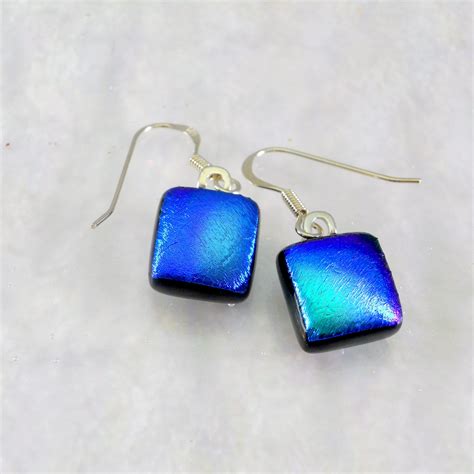 Blue Dichroic Glass Dangle Earrings Fused Glass Earrings Sterling