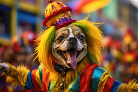 A funny dog in a multi-colored costume is dancing at the Brazilian ...