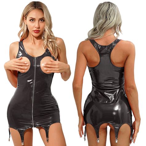 Women S Wet Look Leather Bodycon Dress Hollow Out Sleeveless Club Mini