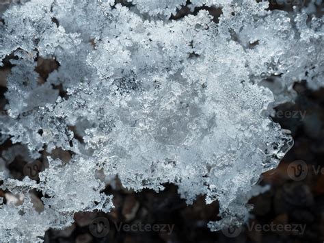 Close Up White Winter Snowflakes And Hoar Frost Ice Texture Pattern