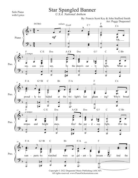 Star Spangled Banner Key Of F Solo Piano W Lyrics Sheet Music