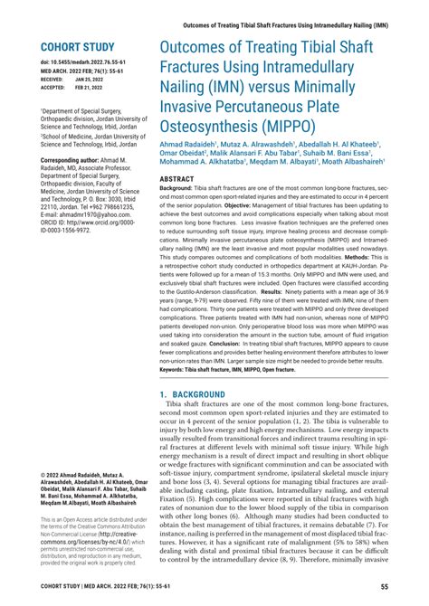 PDF Outcomes Of Treating Tibial Shaft Fractures Using Intramedullary