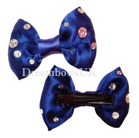 Royal Blue Diamante Satin Hair Bows On Alligator Clips Girls Diamante