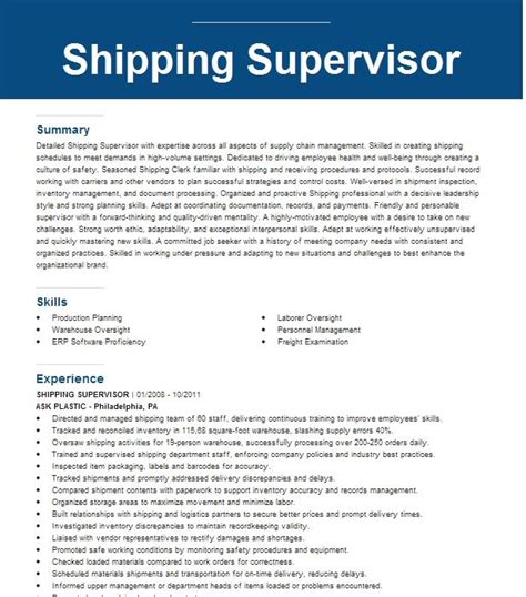 Shipping Supervisor Resume Example