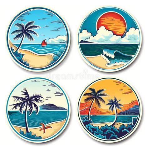 4 Round Stickers Of An Ocean Beach Travel Theme On The White Background