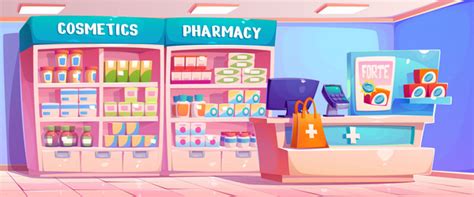 Pharmacy interior cartoon Royalty Free Vector Image