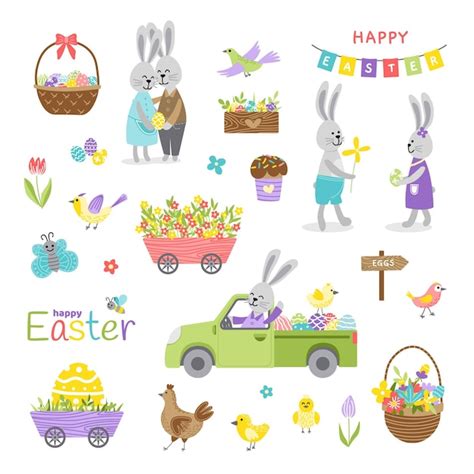 Premium Vector Set Of Easter Elements Bunny Egg Flower Basket Bird