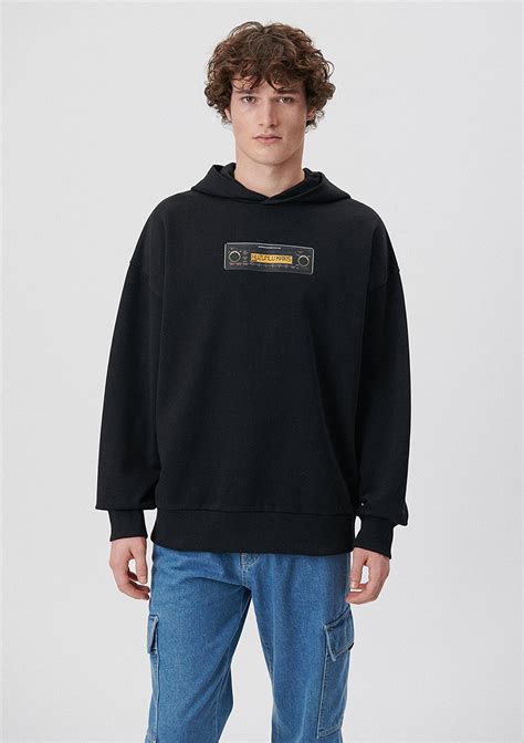 Hüzünlü Karışık Baskılı Kapüşonlu Siyah Sweatshirt Mavi