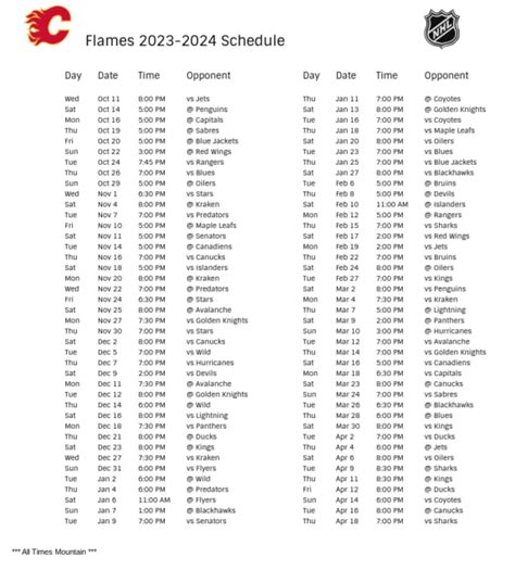 Calgary Flames Schedule