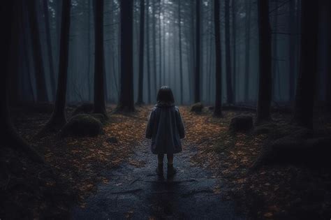 Premium Photo | Little girl walking in the dark mystery forest back ...