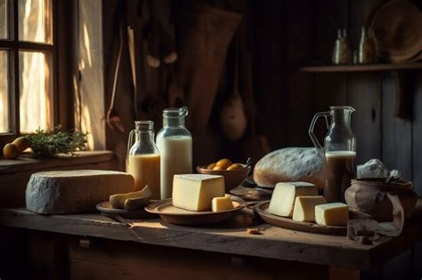 Una Mesa Con Una Botella De Leche Pan Y Otros Alimentos Foto Premium