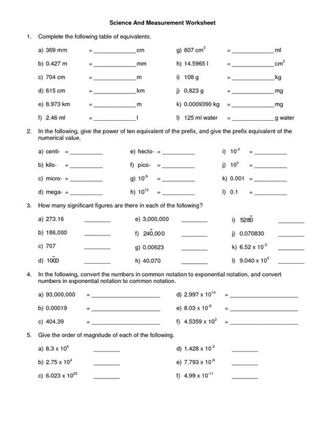 the worksheet for measuring measurements is shown