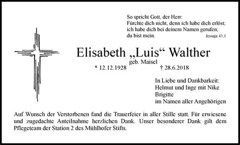 Traueranzeigen Von Elisabeth Walther Nordbayerischer Kurier