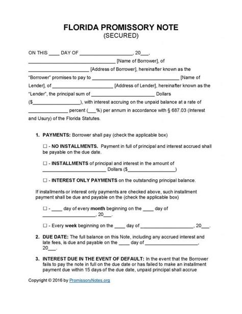 Printable Florida Secured Promissory Note Template Promissory Notes