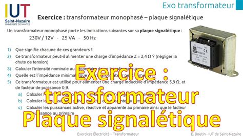 Exercice Transformateur Monophas Plaque Signal Tique Charge