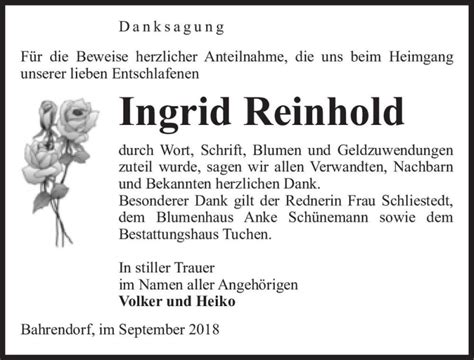 Traueranzeigen Von Ingrid Reinhold Abschied Nehmen De