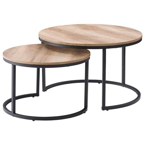 Two Wooden Tables With Metal Bases On Each Side One Is Round And The