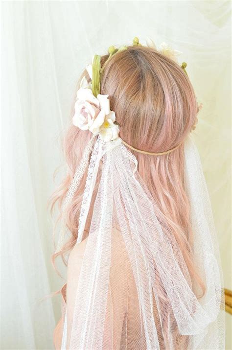 Floral Crown Veil Wedding Headpiece Bridal Veil Ivory Flower Halo