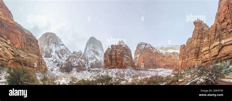 Panoramic footage from Zion National Park in winter with snow ...