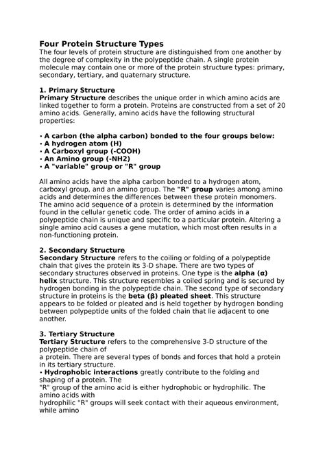 Four Protein Structure Types - A single protein molecule may contain ...