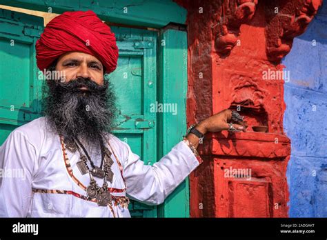 Portrait Of A Man With A Red Turban Jodhpur Rajasthan India Stock