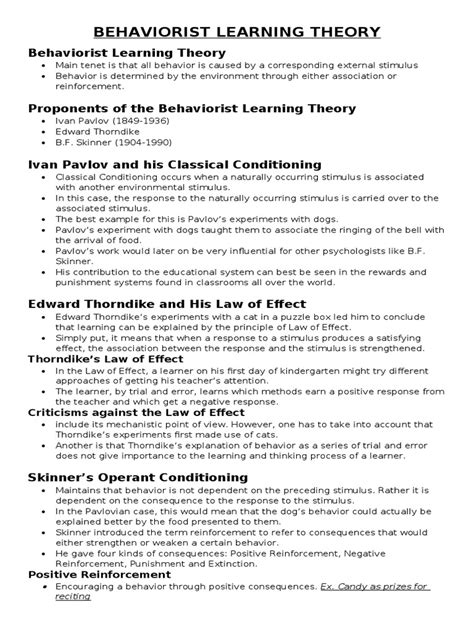 Behaviorist Learning Theory Pdf Behaviorism Reinforcement