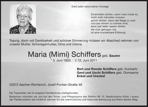 Traueranzeigen Von Maria Mimi Schiffers Aachen Gedenkt