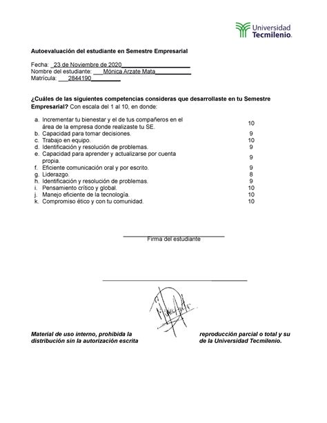 Autoevaluacion Estudiante Autoevaluaci N Del Estudiante En Semestre