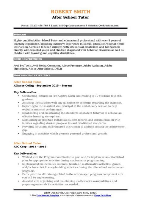 After School Tutor Resume Samples Qwikresume