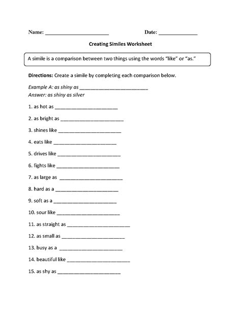 Grade English Worksheets Similes