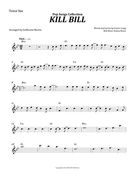 Kill Bill Arr Guillaume Martin By Sza Sheet Music For Tenor Sax Solo