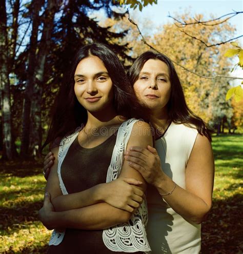Mature Real Mother Daughter Outside Autumn Fall Park Stock Photos