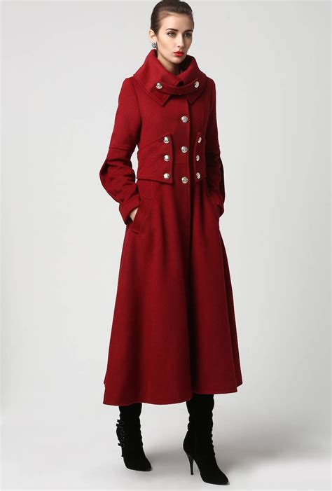 Red Wool Coat Long Coat Military Coat Maxi Coat Women Etsy