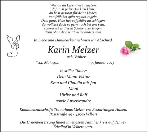 Traueranzeigen Von Karin Melzer Trauer In NRW De