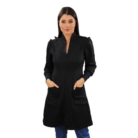 Jaleco Feminino Gabardine Preto Gola Padre Ziper E Punho Dry Fit