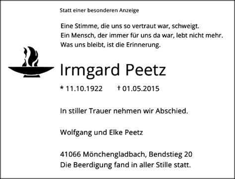 Alle Traueranzeigen für Irmgard trauer rp online de