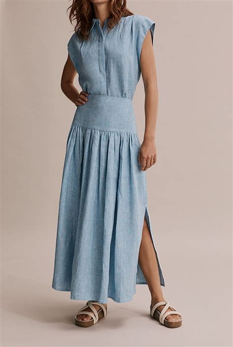 Aqua Organically Grown French Linen Check Basque Maxi Skirt Natural