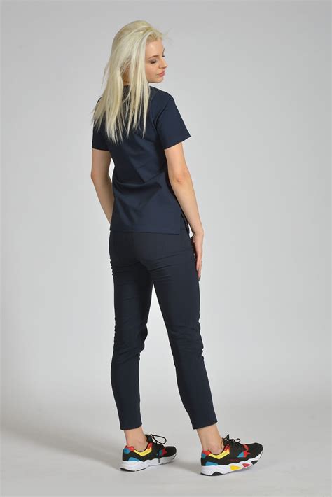 Bluzka Medyczna Damska Scrubs V Neck Navy Blue Odzie Medyczna