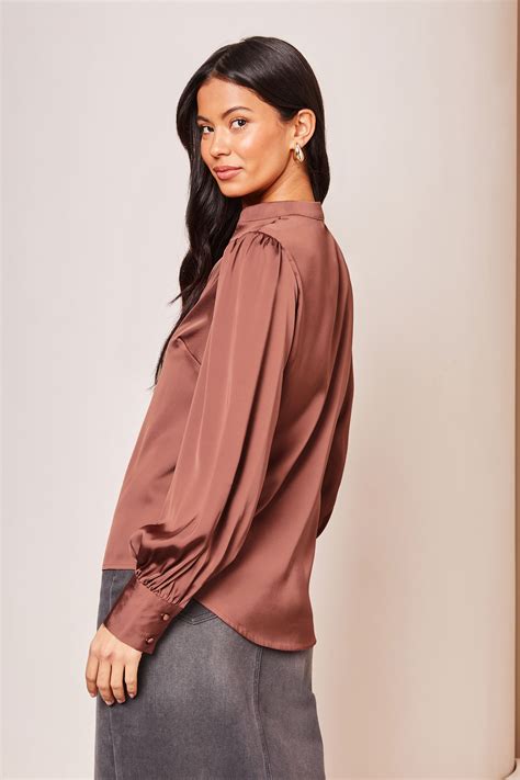 Buy Lipsy Pink Grandad Collar V Neck Puff Sleeves Satin Blouse From